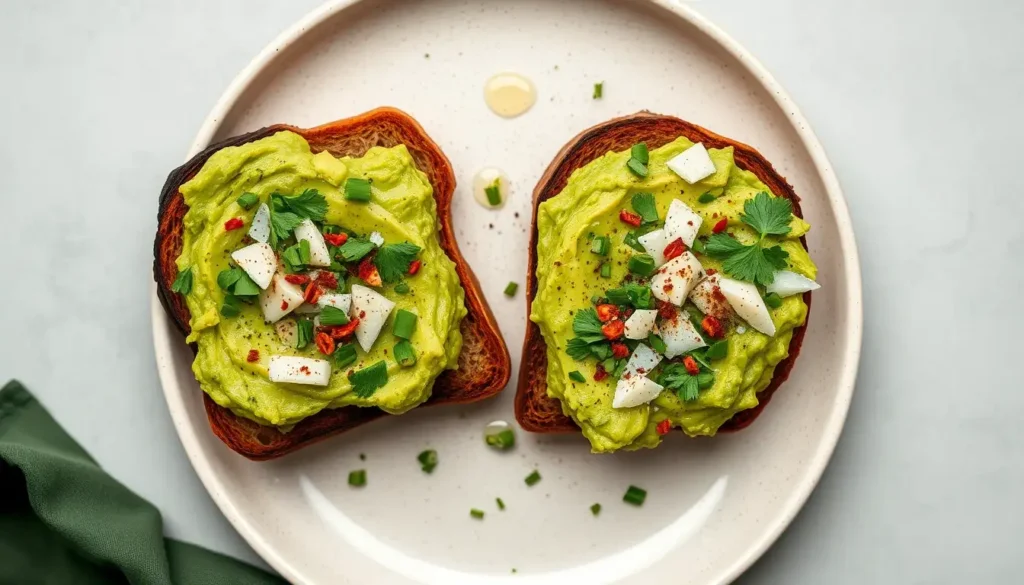 Sattvic avocado toast on rustic whole grain bread, topped with fresh cilantro and sesame seeds, presented simply on a wooden table in natural morning light.