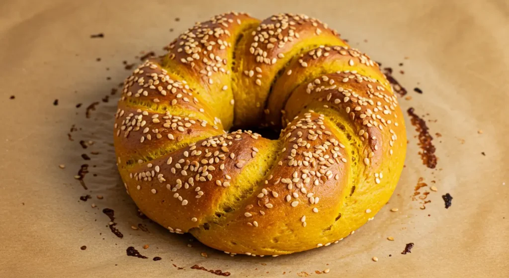A braided pumpkin bagels topped with sesame seeds rests on brown parchment paper.