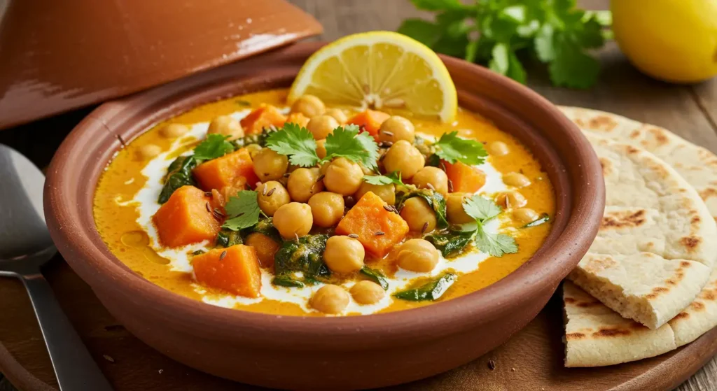 Moroccan Chickpea Stew in a tagine.