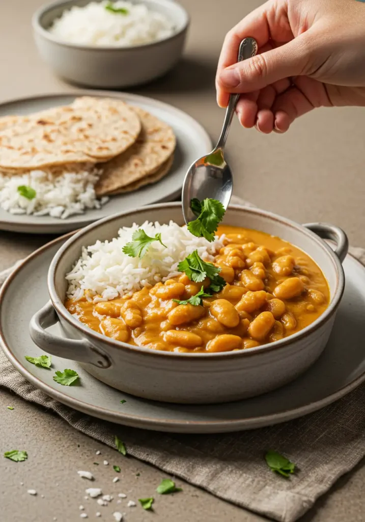 Marry Me Butter Beans Seriously Obsessed Its That Easy 4 Balanced vegan Marry Me Butter Beans served with basmati rice and roti, garnished with fresh cilantro.