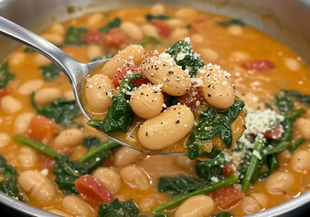 Close-up of a metal spoon lifting creamy vegan Marry Me Butter Beans with wilted spinach, diced tomatoes, black pepper, and a sprinkle of vegan Parmesan from a pan.