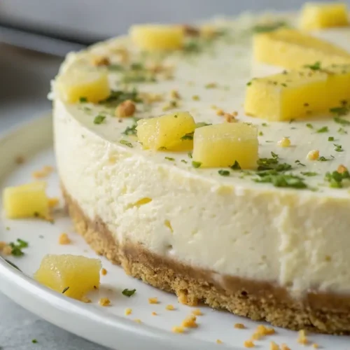 Creamy VEGAN Pineapple Cheesecake (Easy No-Bake!) 8 Close-up of a whole vegan pineapple cheesecake on a white plate, garnished with diced pineapple, chopped mint/herbs, and toasted crumbs, with lime wedges nearby.