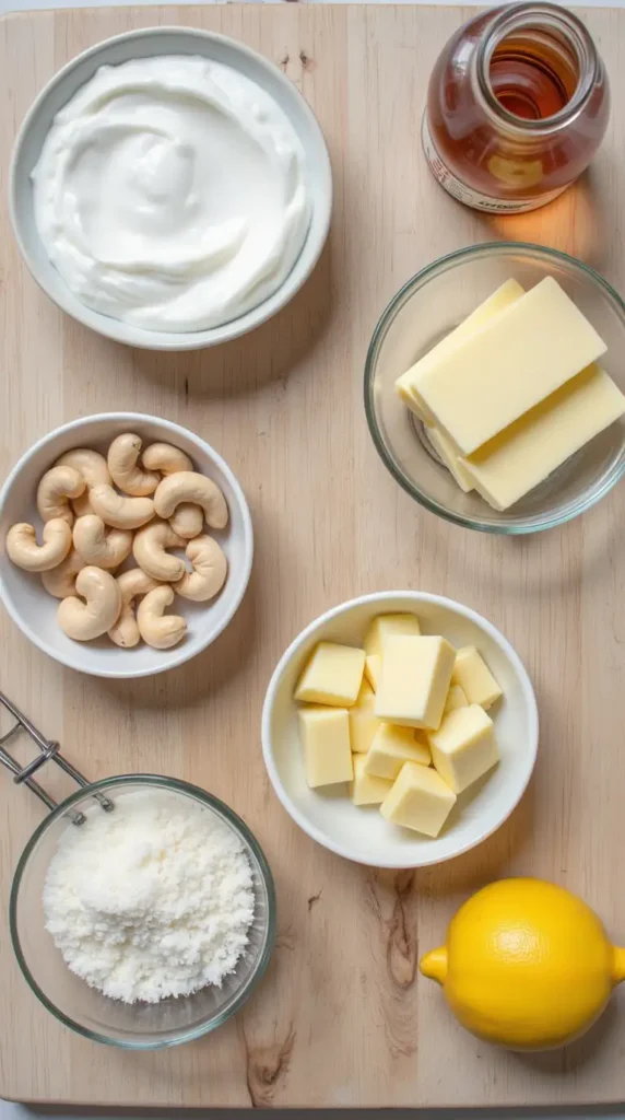 Creamy VEGAN Pineapple Cheesecake (Easy No-Bake!) 2 Overhead view of ingredients for vegan pineapple cheesecake laid out on a wooden surface: raw cashews, vegan yogurt/cream, blocks of vegan butter/cream cheese, shredded coconut, lemon, and sweetener.