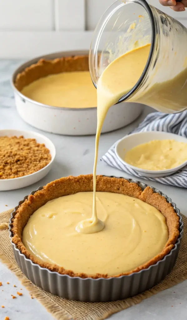 Creamy VEGAN Pineapple Cheesecake (Easy No-Bake!) 6 Pineapple Cheesecake Pouring 1
