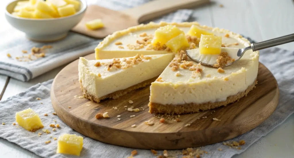 A whole vegan pineapple cheesecake on a wooden board, topped with pineapple chunks and nuts, with one slice being lifted out by a cake server.