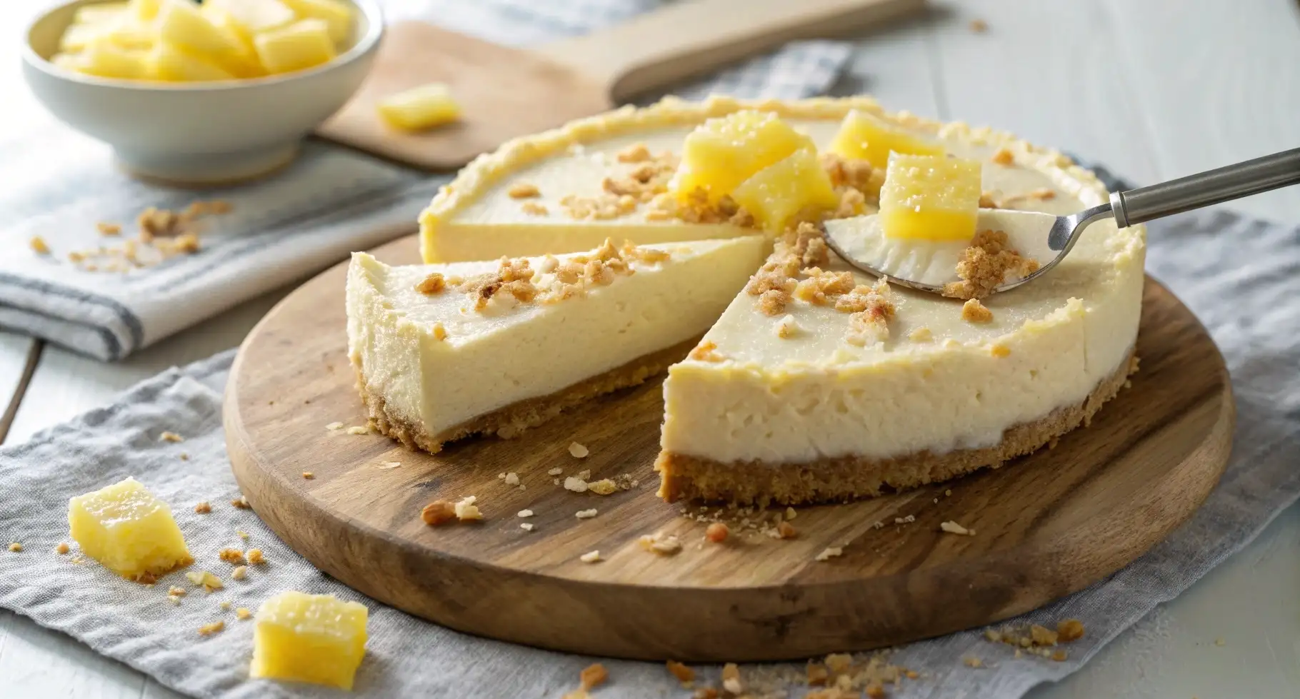 A whole vegan pineapple cheesecake on a wooden board, topped with pineapple chunks and nuts, with one slice being lifted out by a cake server.