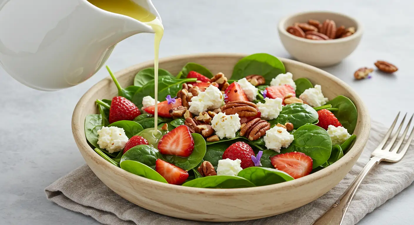 Pouring light lemon vinaigrette dressing over a Strawberry Spinach Salad in a wooden bowl with strawberries and toasted pecans.