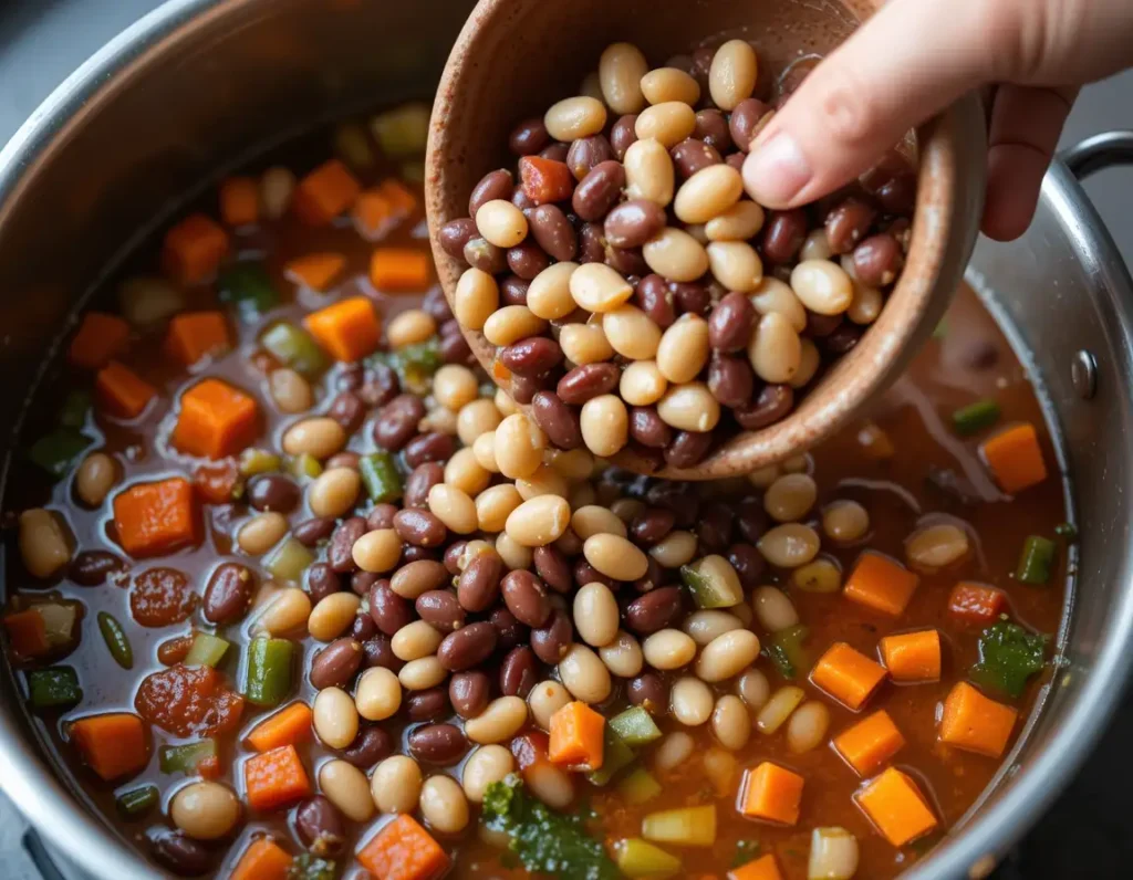 Vegan Minestrone Soup Vibrant Easy Goodness 5 Adding more goodness! A stream of mixed beans and their cooking liquid are being added to the hearty Vegan Minestrone Soup, increasing its substance.