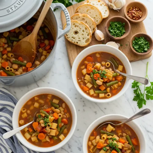Vegan Minestrone Soup Vibrant Easy Goodness 9 Overhead view of a pot of Vegan Minestrone Soup, three filled bowls, sliced bread, garlic, chili flakes, chopped herbs, and fresh parsley on a marble surface.