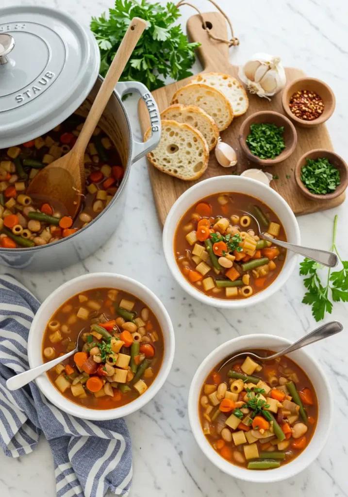 Overhead view of a pot of Vegan Minestrone Soup, three filled bowls, sliced bread, garlic, chili flakes, chopped herbs, and fresh parsley on a marble surface.