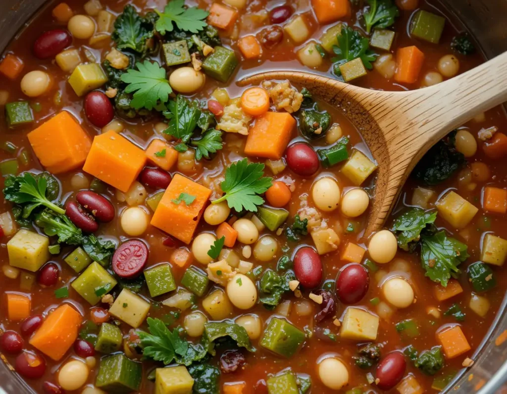 Vegan Minestrone Soup Vibrant Easy Goodness 6 Overhead shot of a rustic bowl filled with chunky Vegan Minestrone Soup, featuring vibrant vegetables, assorted beans, and fresh parsley in a rich tomato broth. A wooden spoon rests inside.