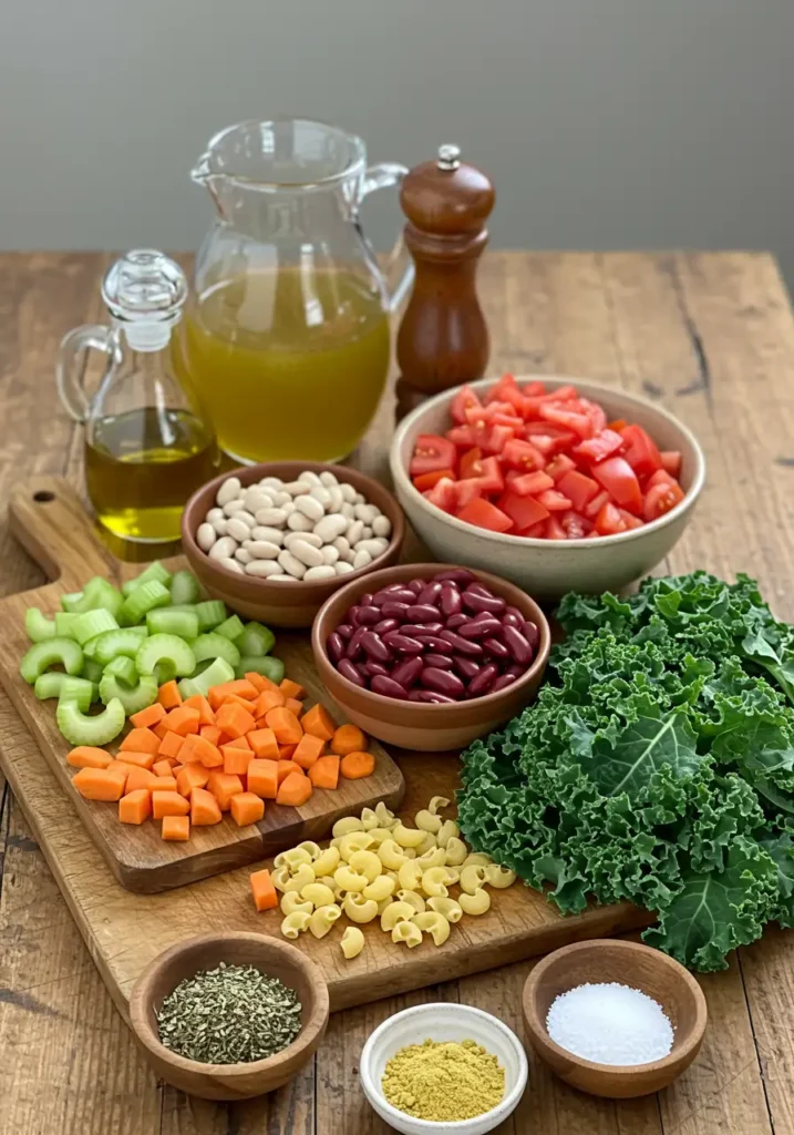 Vegan Minestrone Soup Vibrant Easy Goodness 2 ngredients for Vegan Minestrone Soup: diced vegetables, beans, pasta, broth, herbs, and spices on a wooden surface.