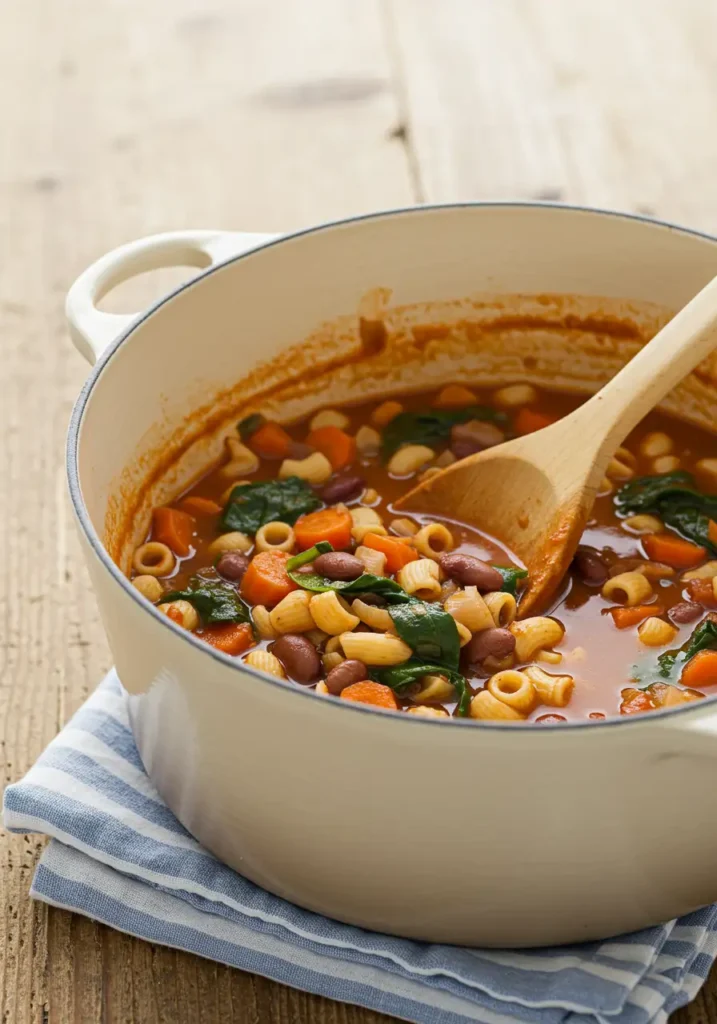 Vegan Minestrone Soup Vibrant Easy Goodness 7 A large white pot filled with hearty Vegan Minestrone Soup, featuring pasta, beans, carrots, and spinach, sits on a blue and white checkered cloth on a wooden table. A wooden spoon rests inside.
