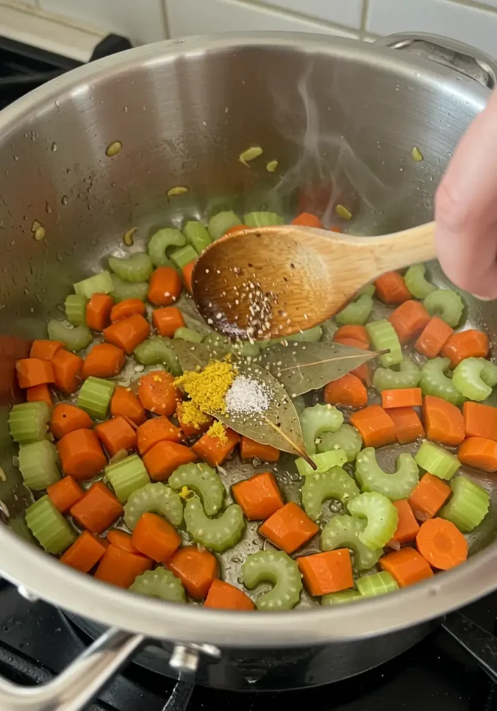 Vegan Minestrone Soup Vibrant Easy Goodness 3 A hand sprinkles seasonings from a wooden spoon into a pot with sautéing diced carrots and celery, key ingredients for Vegan Minestrone Soup. Steam rises from the hot vegetables.