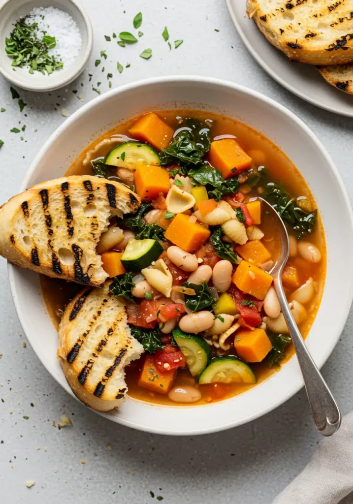 Vegan Minestrone Soup Vibrant Easy Goodness 8 A white bowl of vibrant Vegan Minestrone Soup with pasta, beans, squash, zucchini, and kale, accompanied by grilled bread, a spoon, and seasonings on a gray surface.