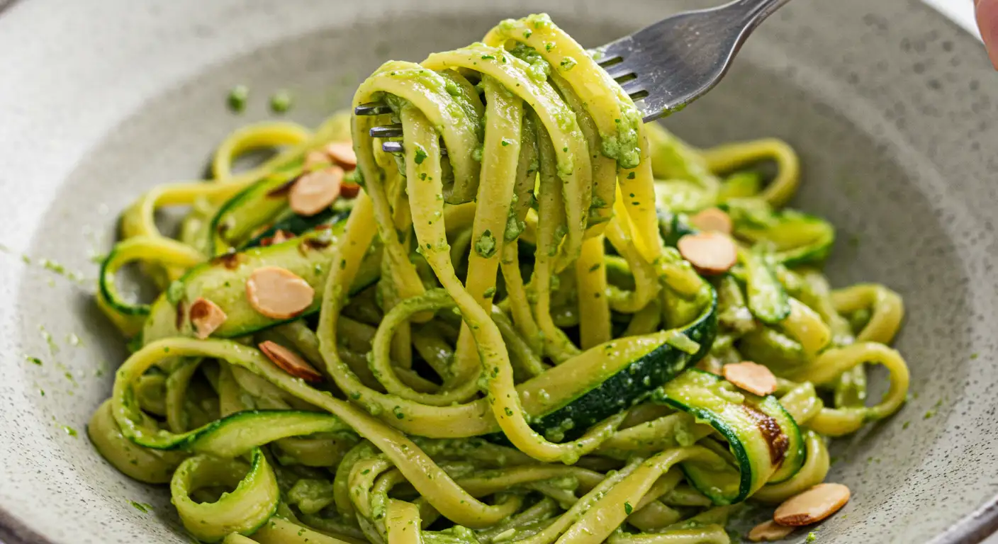 Close-up fork lifting fettuccine coated in creamy green zucchini pasta sauce with zucchini ribbons and almond garnish in a grey bowl.