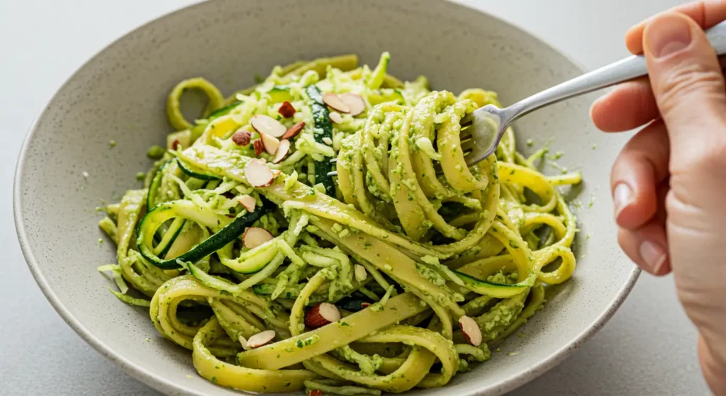 Simple Zucchini Pasta Sauce: Happy Meal Idea 4 Hand holding fork taking a bite of creamy fettuccine zucchini pasta sauce with zucchini ribbons and almonds from a rustic grey bowl.