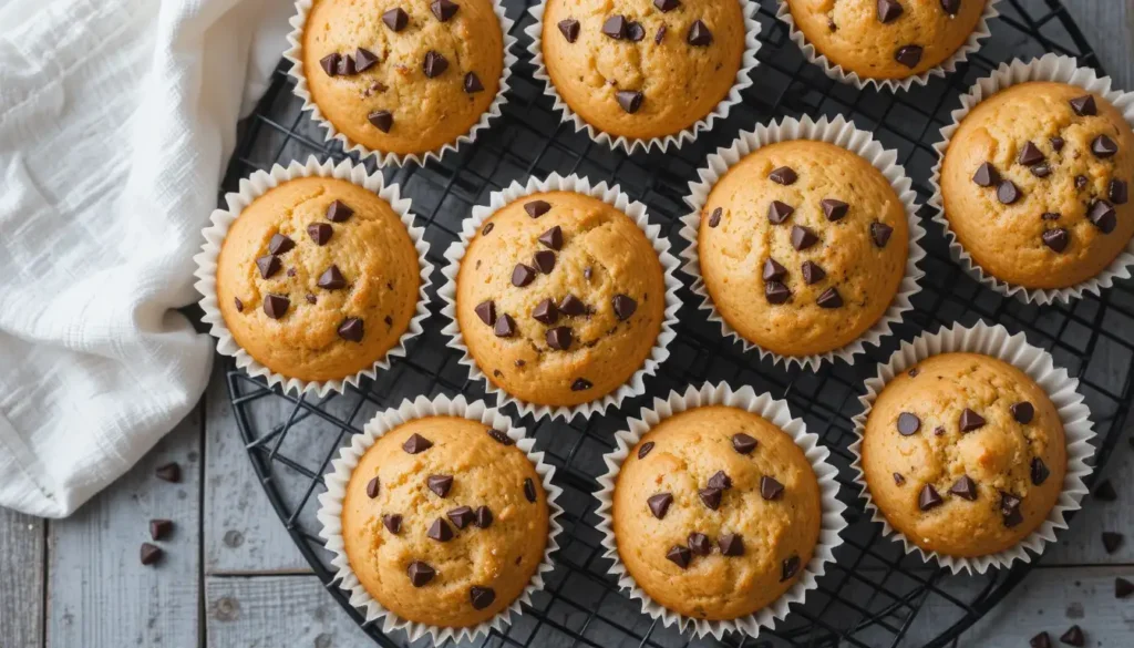 Overhead view of twelve banana carrot muffins with chocolate chips on a cooling rack.