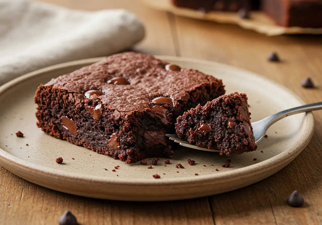 A square of rich, fudgy black bean brownie on a rustic plate, with a piece broken off onto a fork, revealing the moist chocolate texture inside.