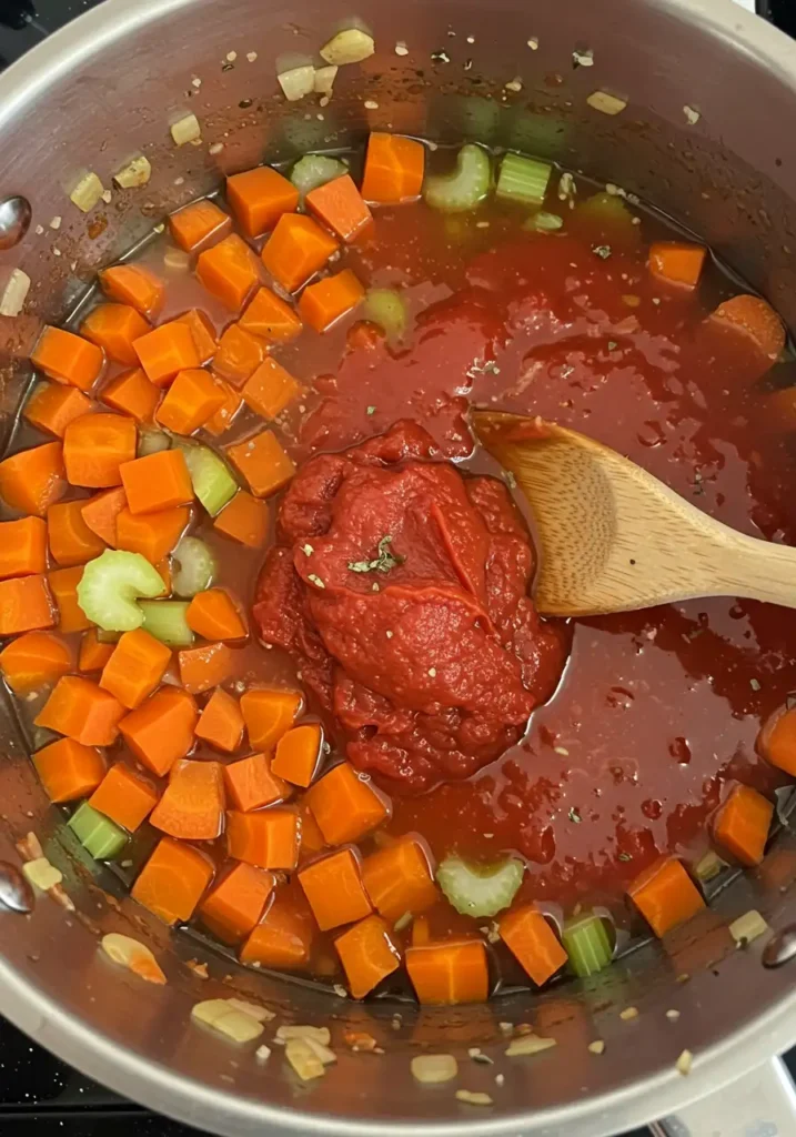 Vegan Minestrone Soup Vibrant Easy Goodness 4 Diced carrots and celery simmer in a tomato-based broth within a stainless steel pot, forming the flavorful foundation of a homemade Vegan Minestrone Soup.