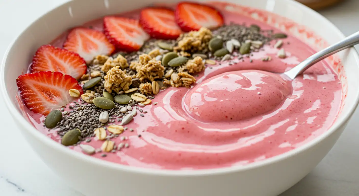 Close-up of finished strawberry smoothie bowl with granola and fruit toppings.