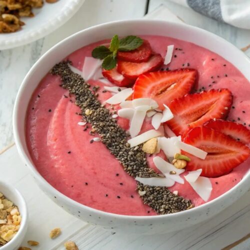 The Best Healthy Strawberry Smoothie Bowl 8 Strawberry smoothie bowl topped with coconut, chia seeds, strawberries, and sliced coconut