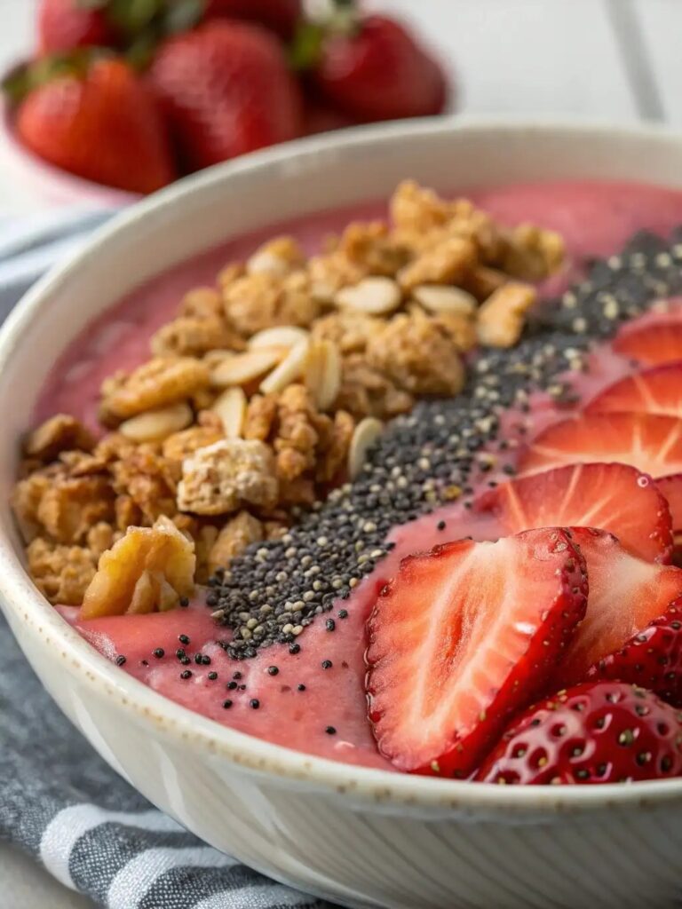 The Best Healthy Strawberry Smoothie Bowl 7 ide view of strawberry smoothie bowl with granola, almonds, seeds, strawberries.