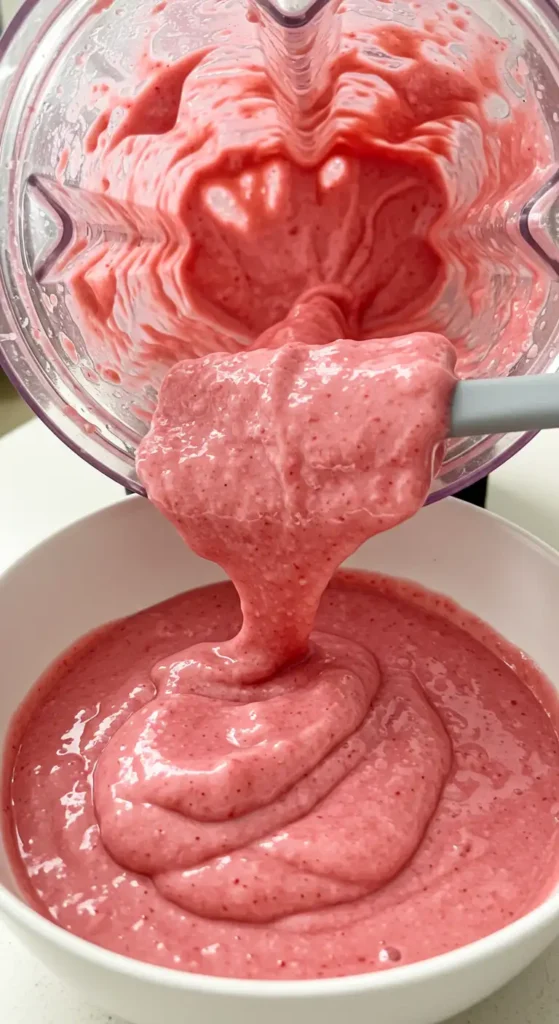 The Best Healthy Strawberry Smoothie Bowl 5 Pouring plant milk into blender jar for strawberry smoothie bowl.