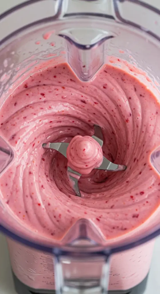The Best Healthy Strawberry Smoothie Bowl 4 Thick blended strawberry smoothie swirling in blender jar.