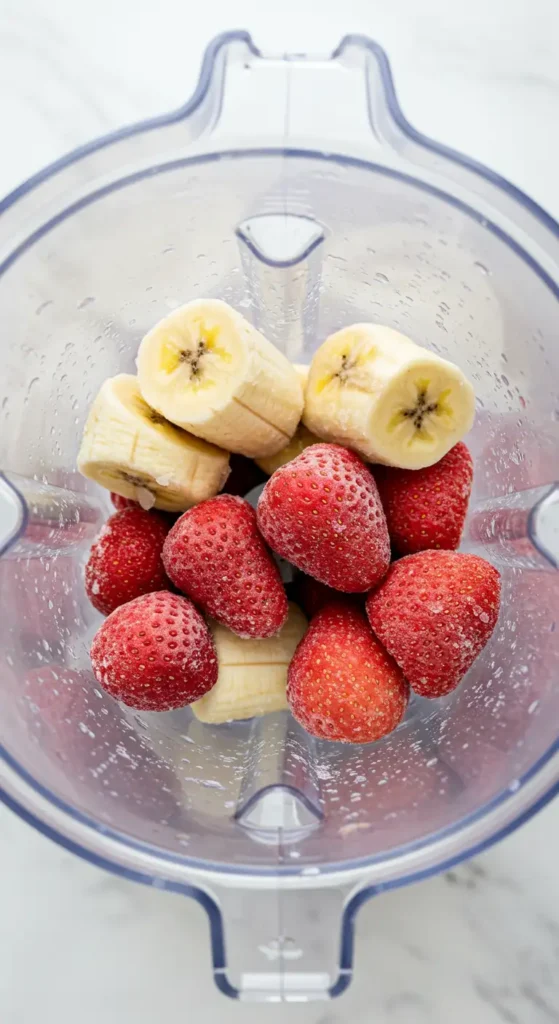 The Best Healthy Strawberry Smoothie Bowl 3 Frozen strawberries and banana slices inside blender jar before blending.